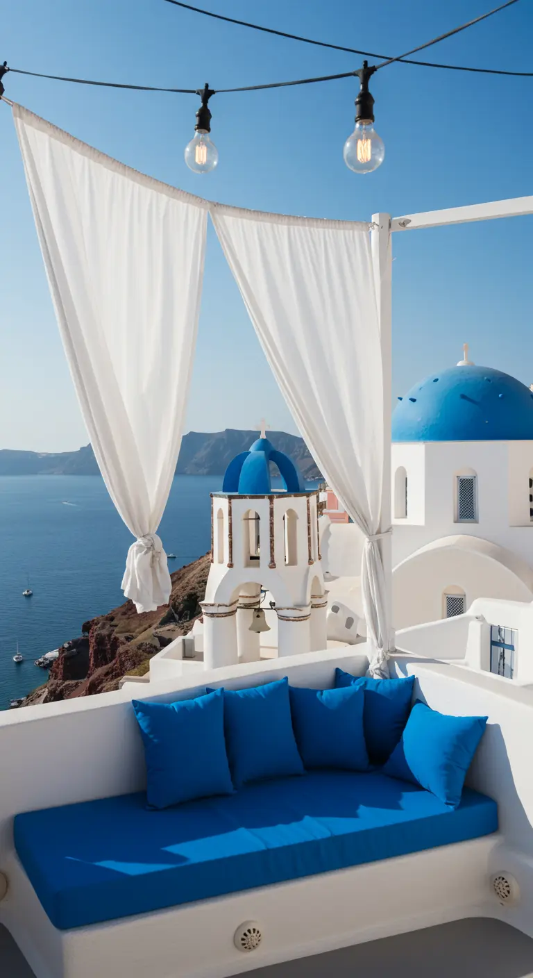 A white terrace daybed with bright blue cushions overlooking the sea and Santorini domes.