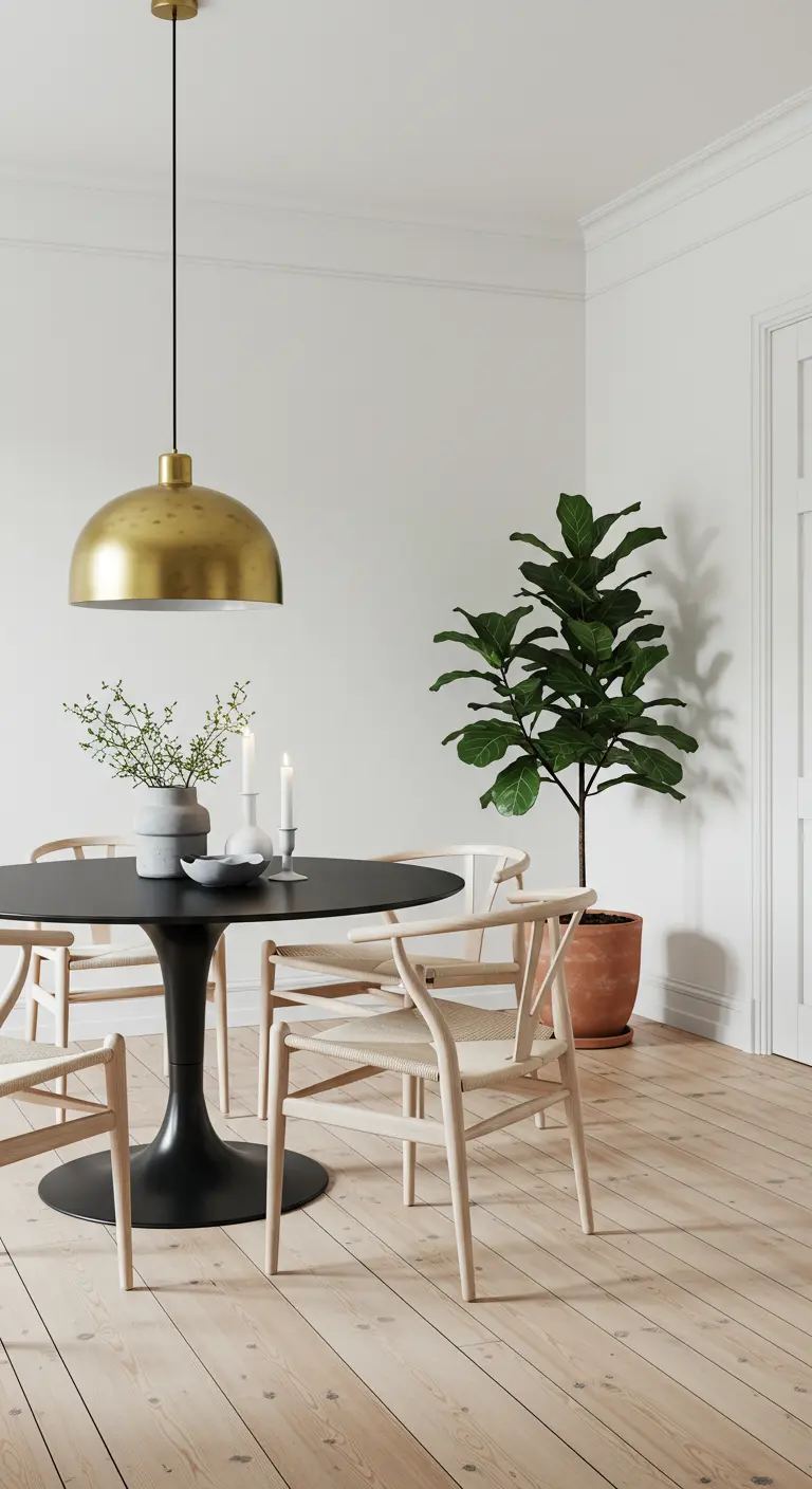 Round matte black dining table with pale wood wishbone chairs and a gold pendant light.