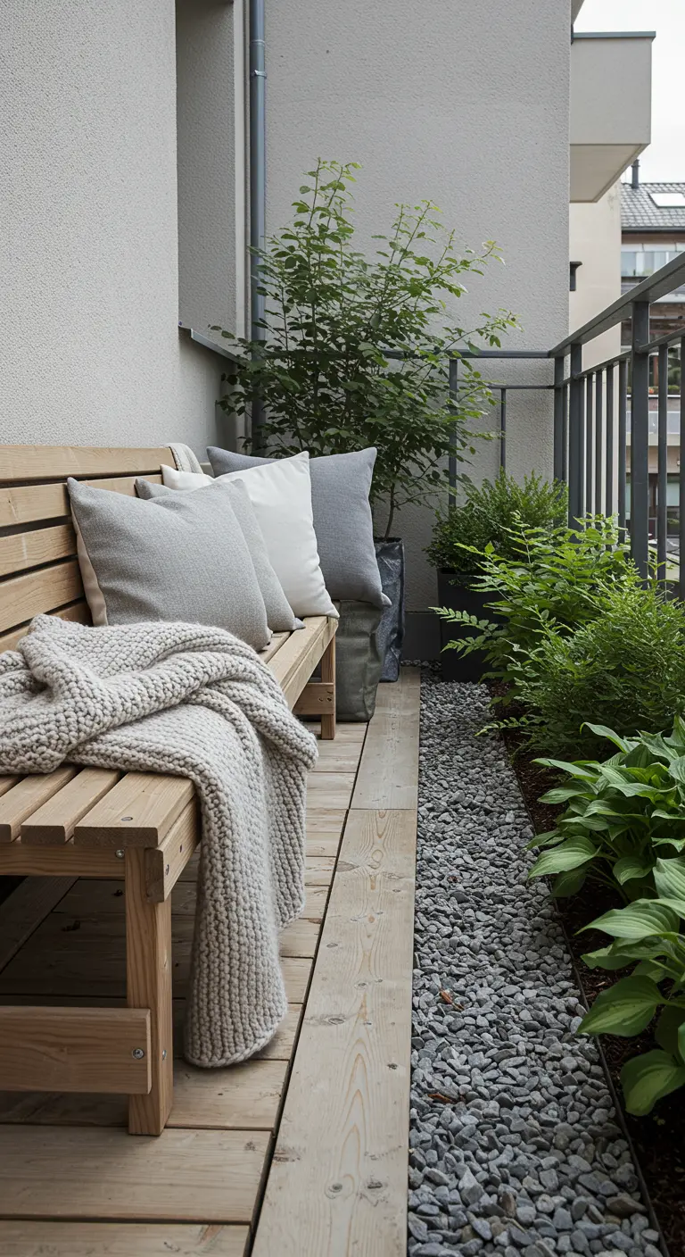 A simple wooden bench with cozy textiles on a balcony with gravel and plants.