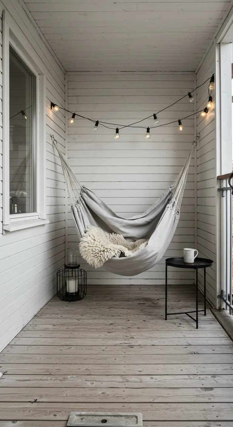 A minimalist grey hammock with a sheepskin throw on a white wooden balcony with black accents.