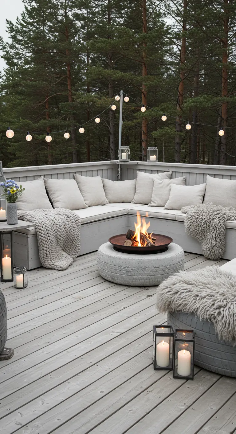 Scandinavian-style fire pit on a grey deck with grey tire seats, throws, and lanterns.