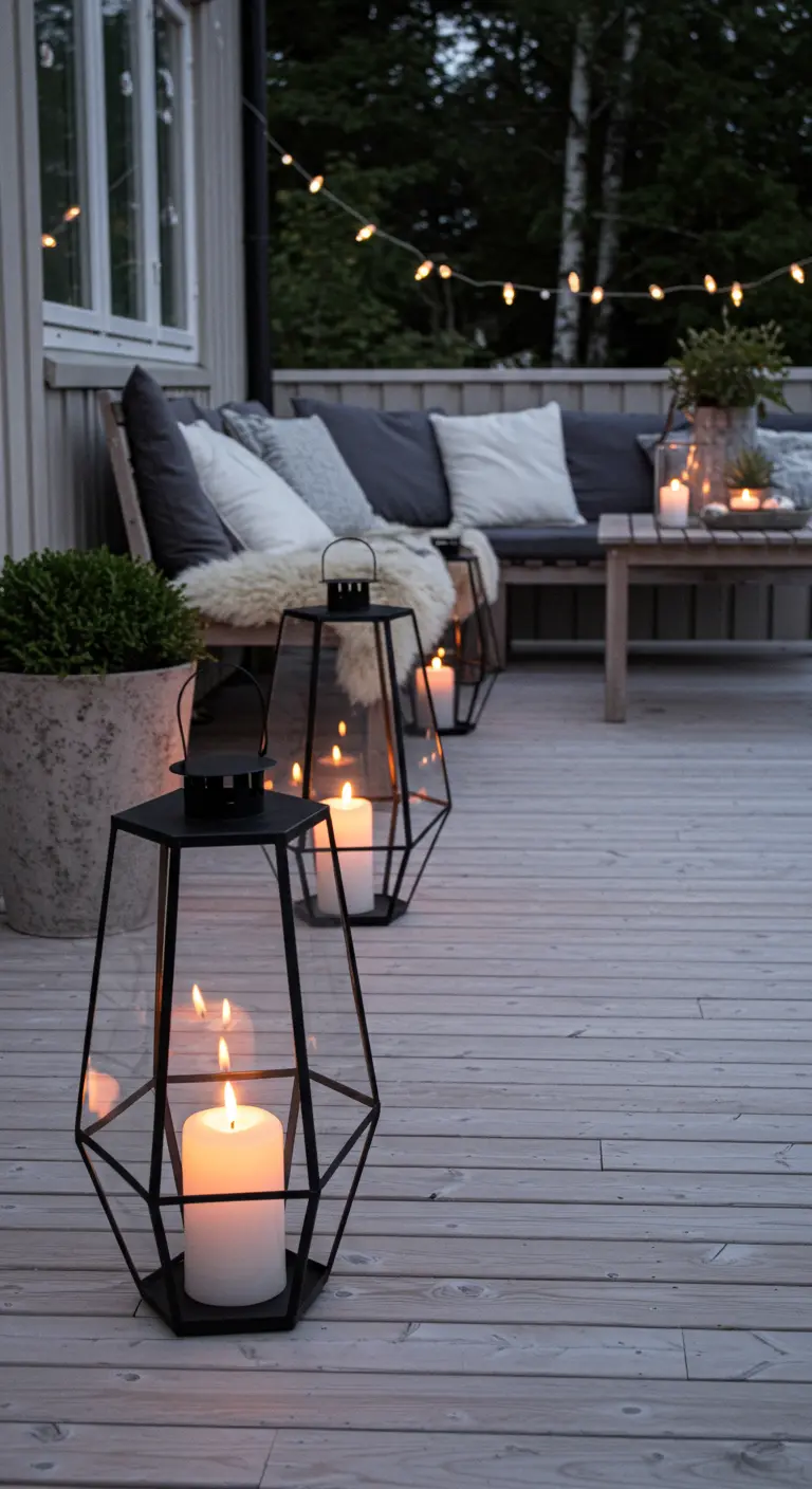 Geometric black lanterns light a cozy seating area on a pale wood Scandinavian-style deck.
