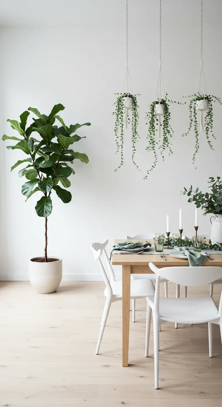 A minimalist dining room with a fiddle-leaf fig and three hanging plants above the table.