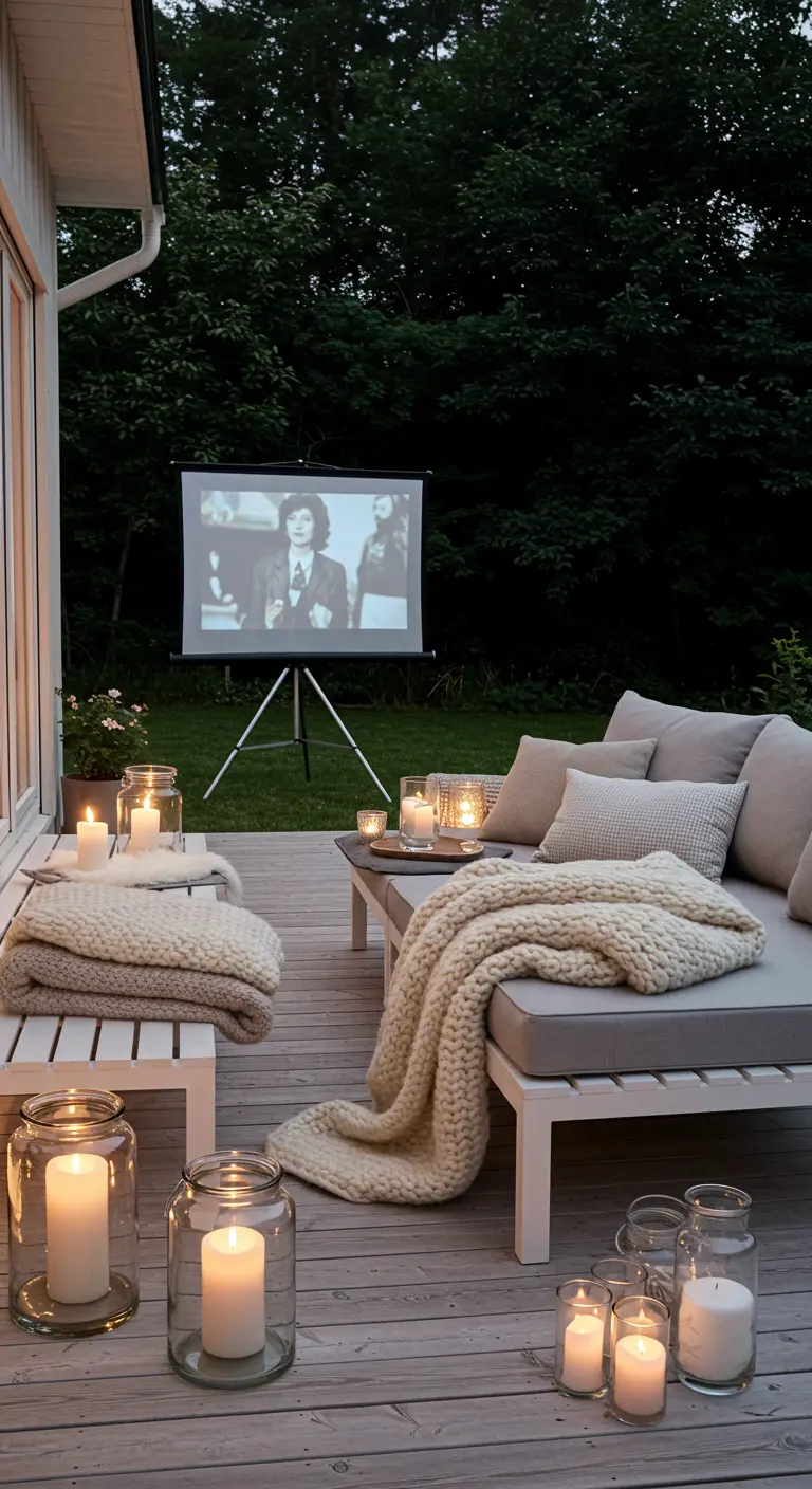 A light wood deck with neutral sofas, chunky knit blankets, and candles in glass jars for movie night.