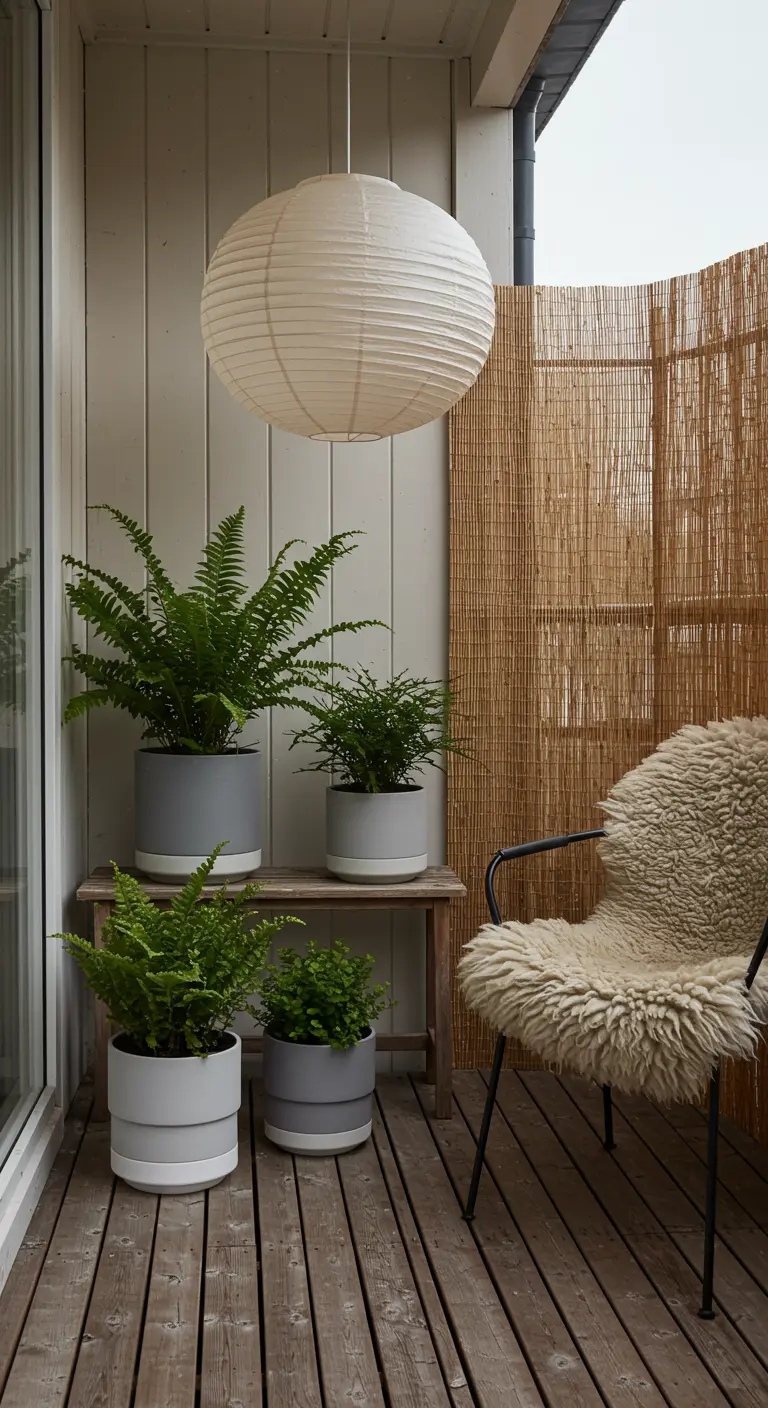 A serene Scandinavian balcony with a sheepskin throw, gray planters, and a large paper lantern.