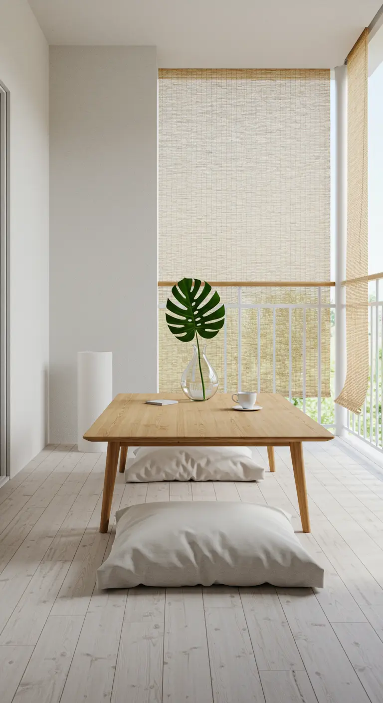 A light wood balcony with a minimalist table, floor cushions, and a single Monstera leaf in a vase.