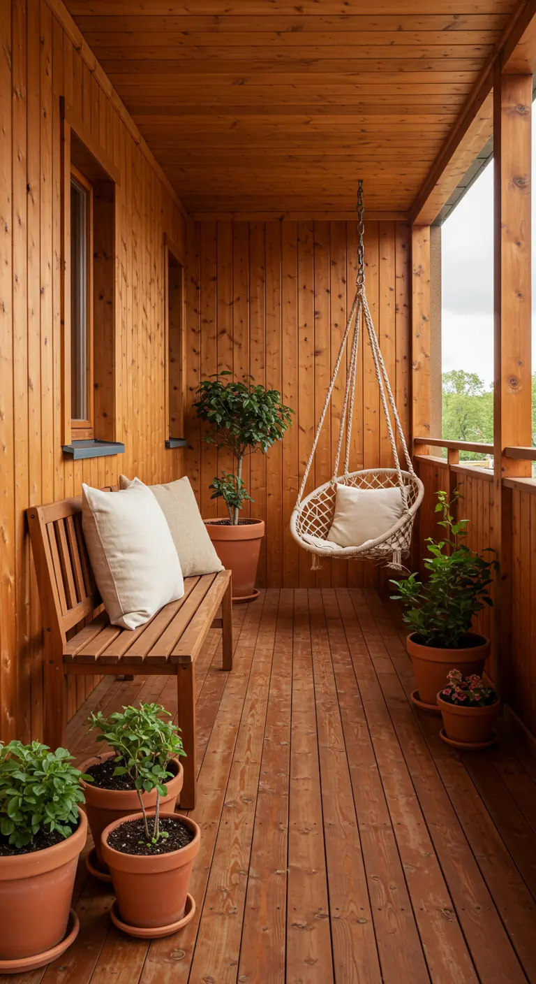 A wood-paneled balcony with a simple bench, macrame hanging chair, and terracotta pots.