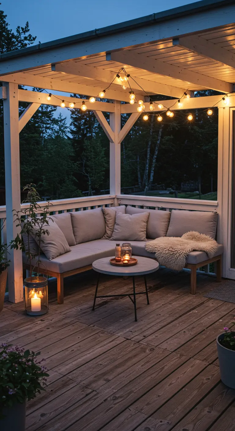 A white pergola on a porch with a gray sectional sofa, sheepskin throw, and candle lanterns.