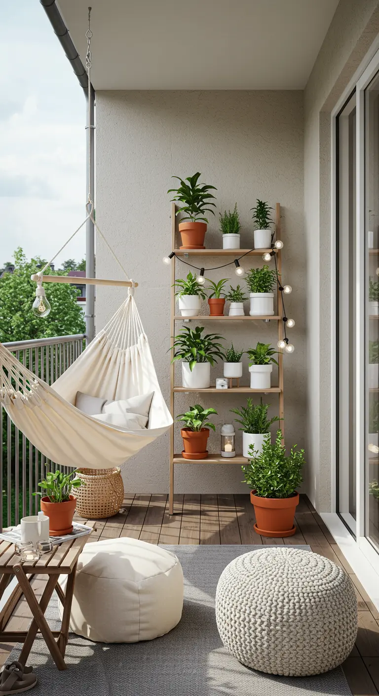 A bright, airy balcony with a ladder shelf for plants, a cream hammock, and knitted poufs.