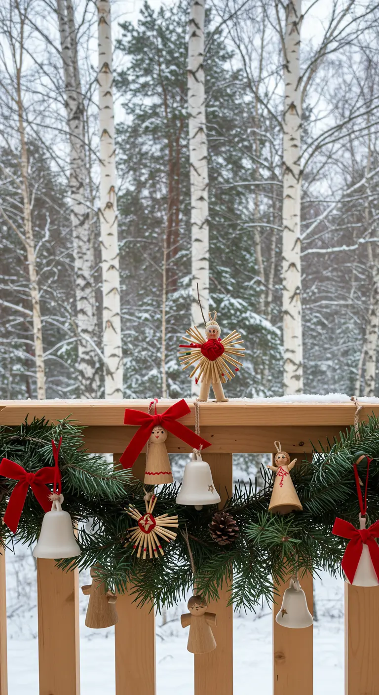 Wooden balcony railing with a garland decorated with straw stars and wooden angel ornaments.