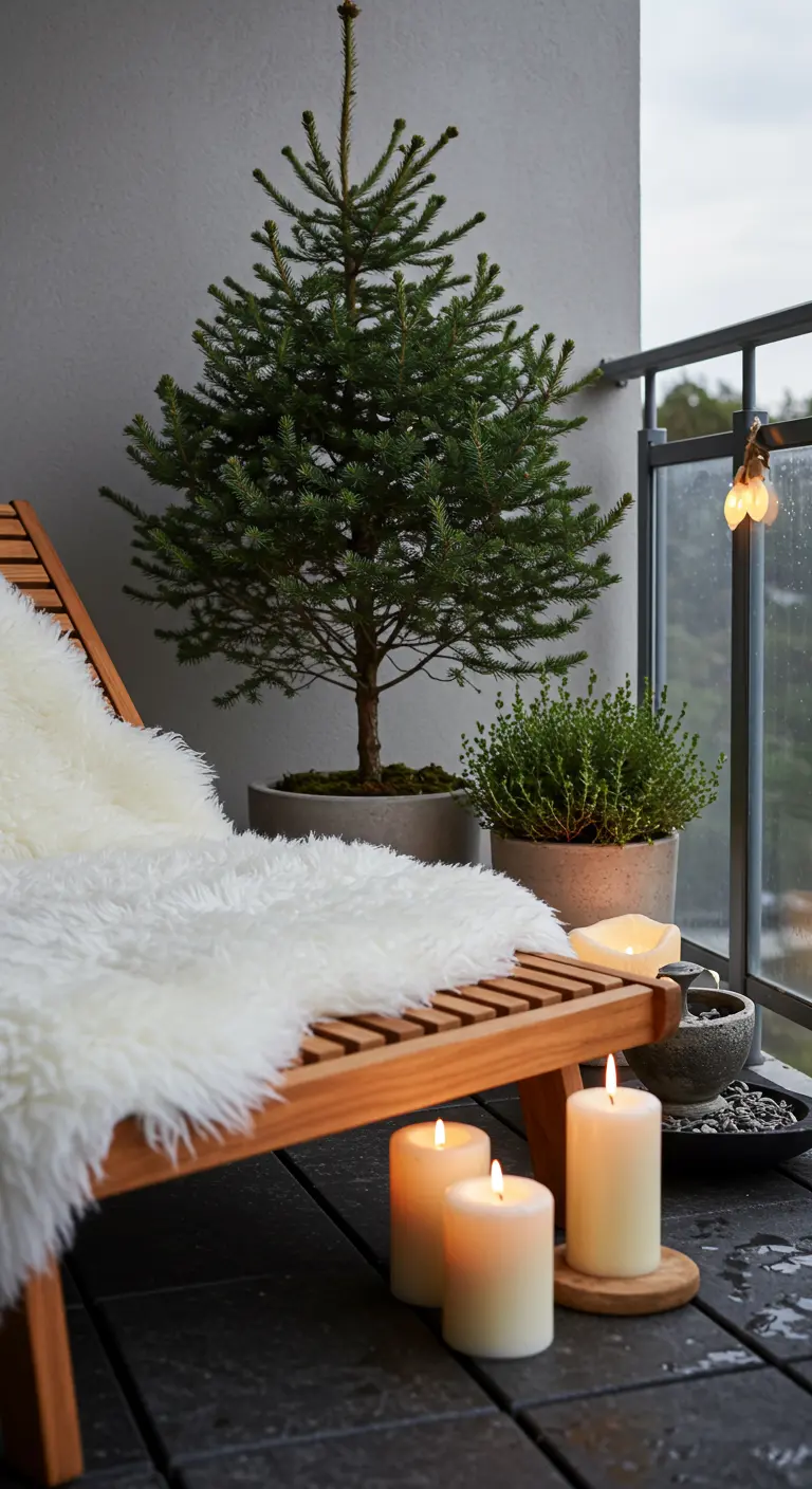 A wooden lounger with a white sheepskin, with candles placed on the wet, dark deck tiles.