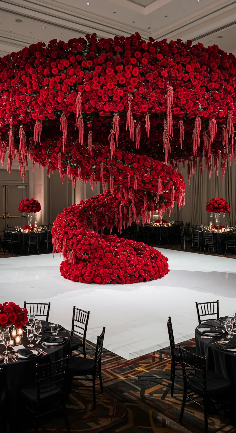 A massive, spiraling tornado of red roses hangs over a white dance floor.