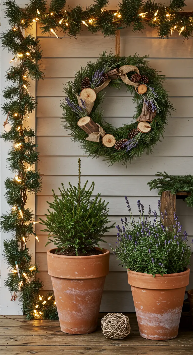 A rustic porch with a natural wood-slice wreath, potted lavender, and a small pine tree.
