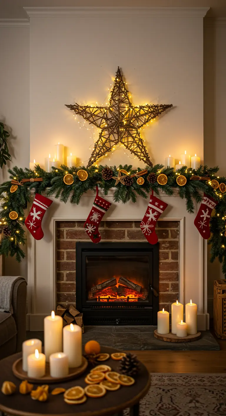 A festive mantelpiece with a pine garland decorated with dried oranges and a lit star.