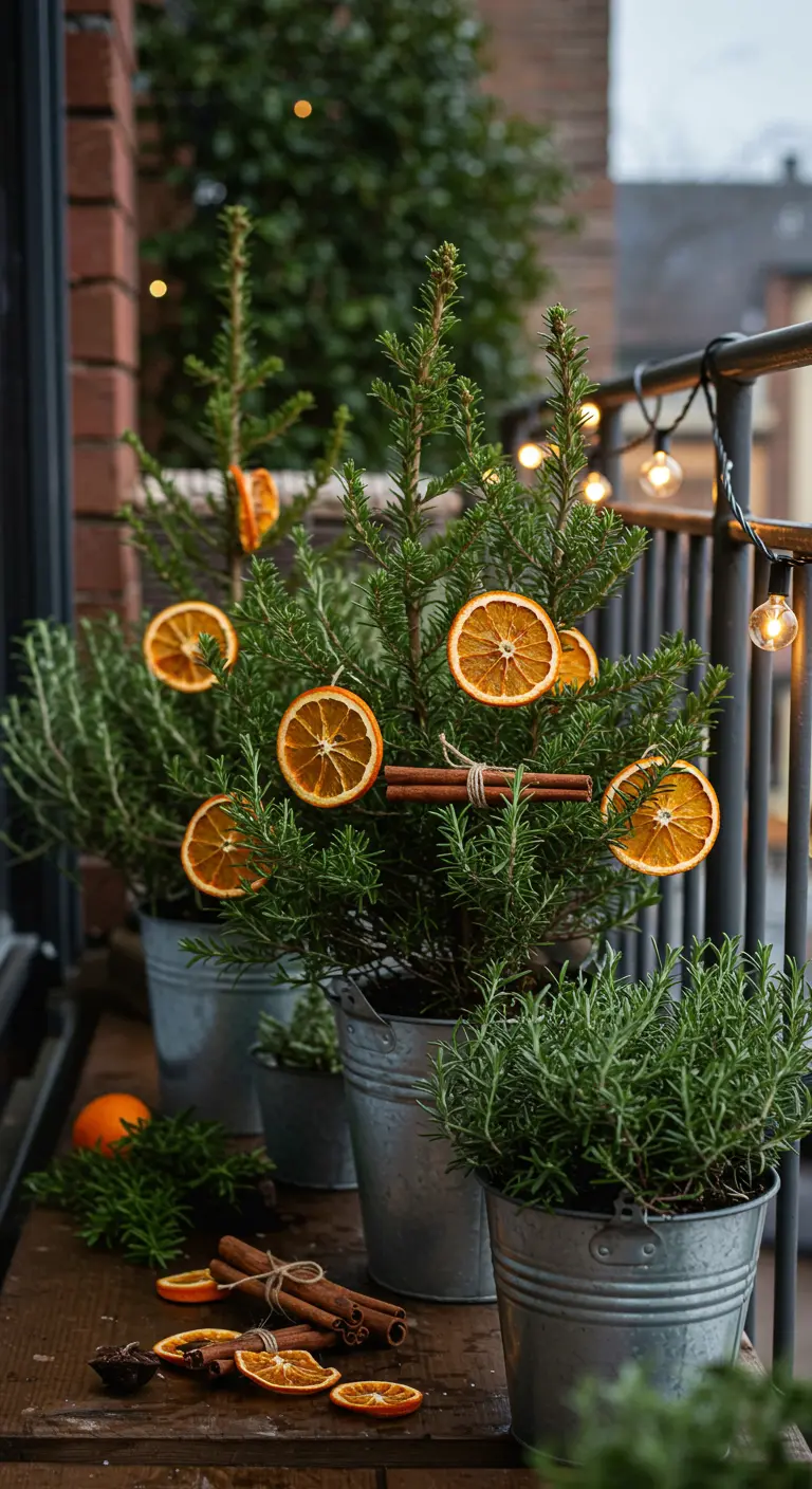 Small rosemary trees in metal buckets, decorated with dried orange slices and cinnamon sticks.