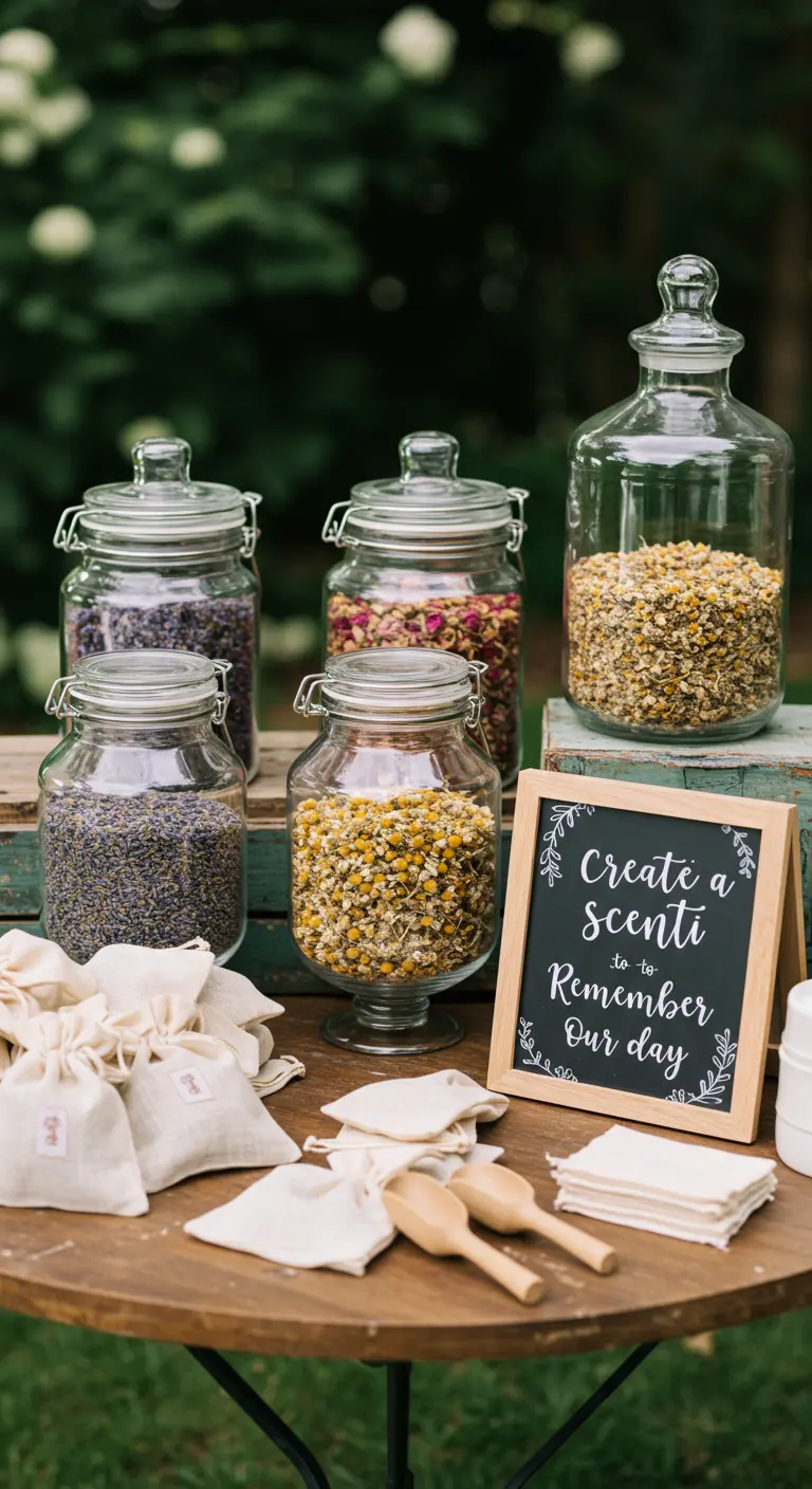 A DIY potpourri bar with jars of dried flowers like lavender and chamomile, and small bags for guests.