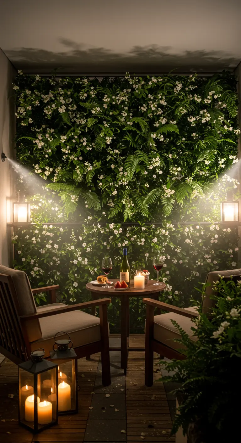 A romantic balcony at night with a flowering wall, a small dining table, and lanterns.