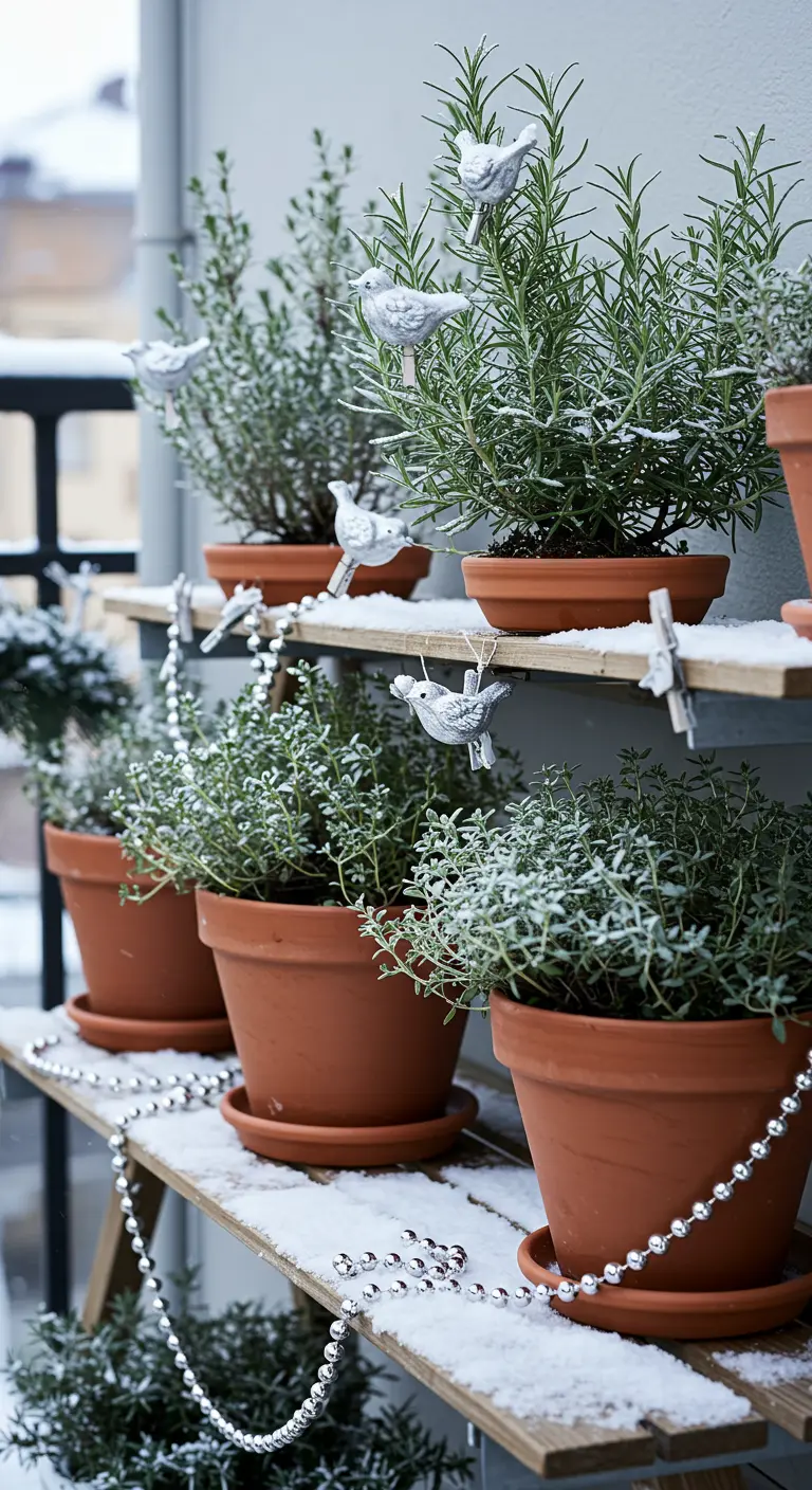 Potted herbs on outdoor shelves decorated with a silver bead garland and bird ornaments.