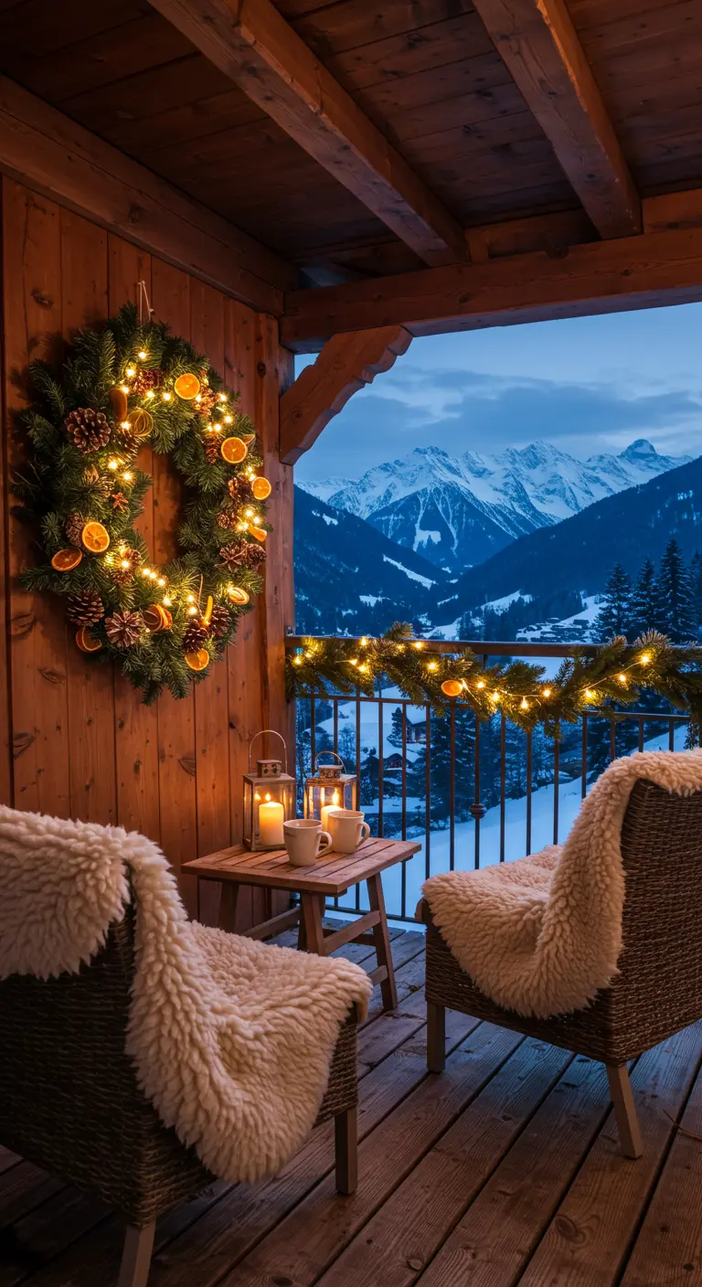 Balcony with a lit wreath of pine and dried oranges, overlooking snowy mountains at dusk.