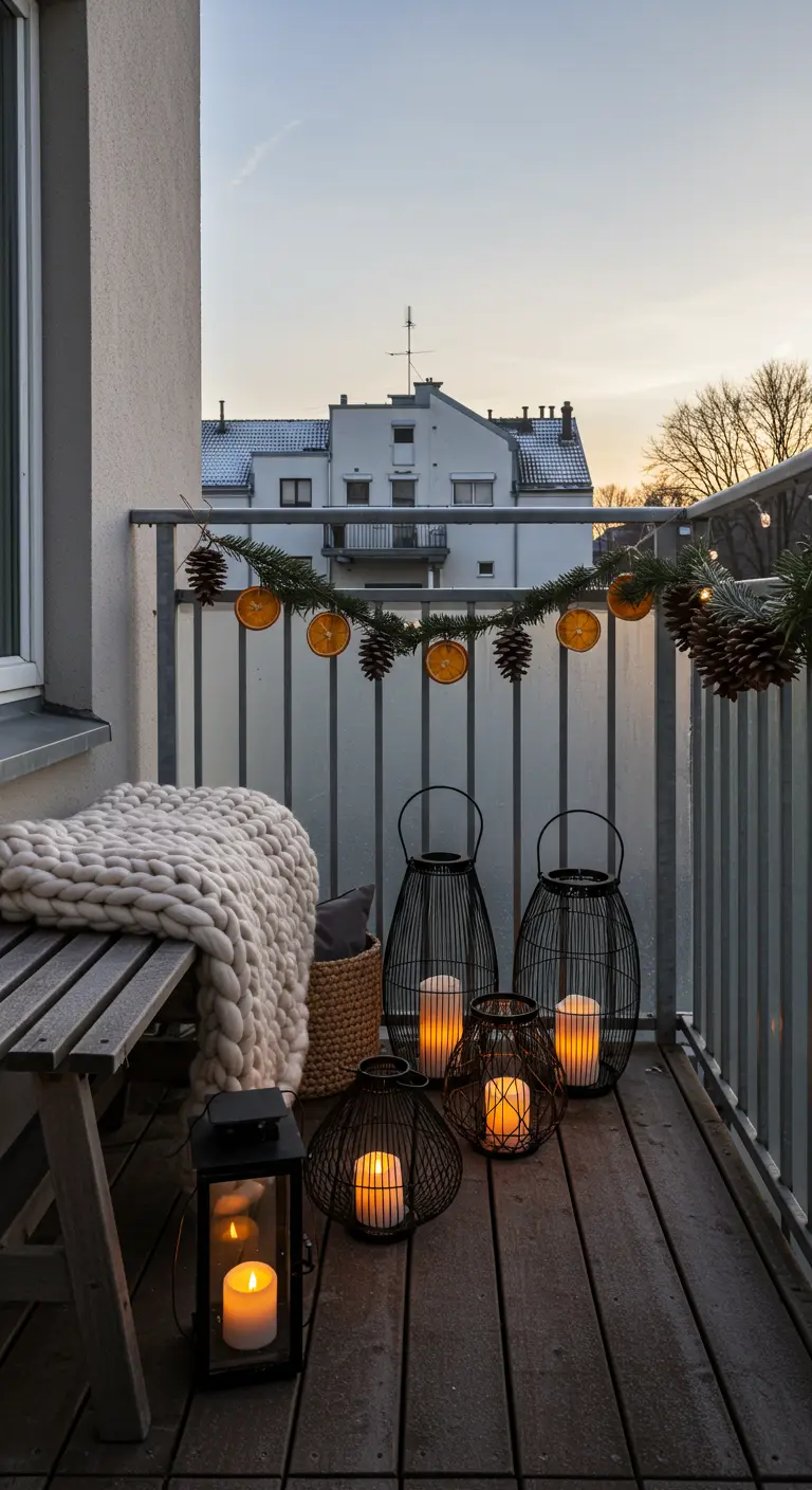 Balcony railing with a garland of dried oranges and pinecones, with lanterns on the floor.