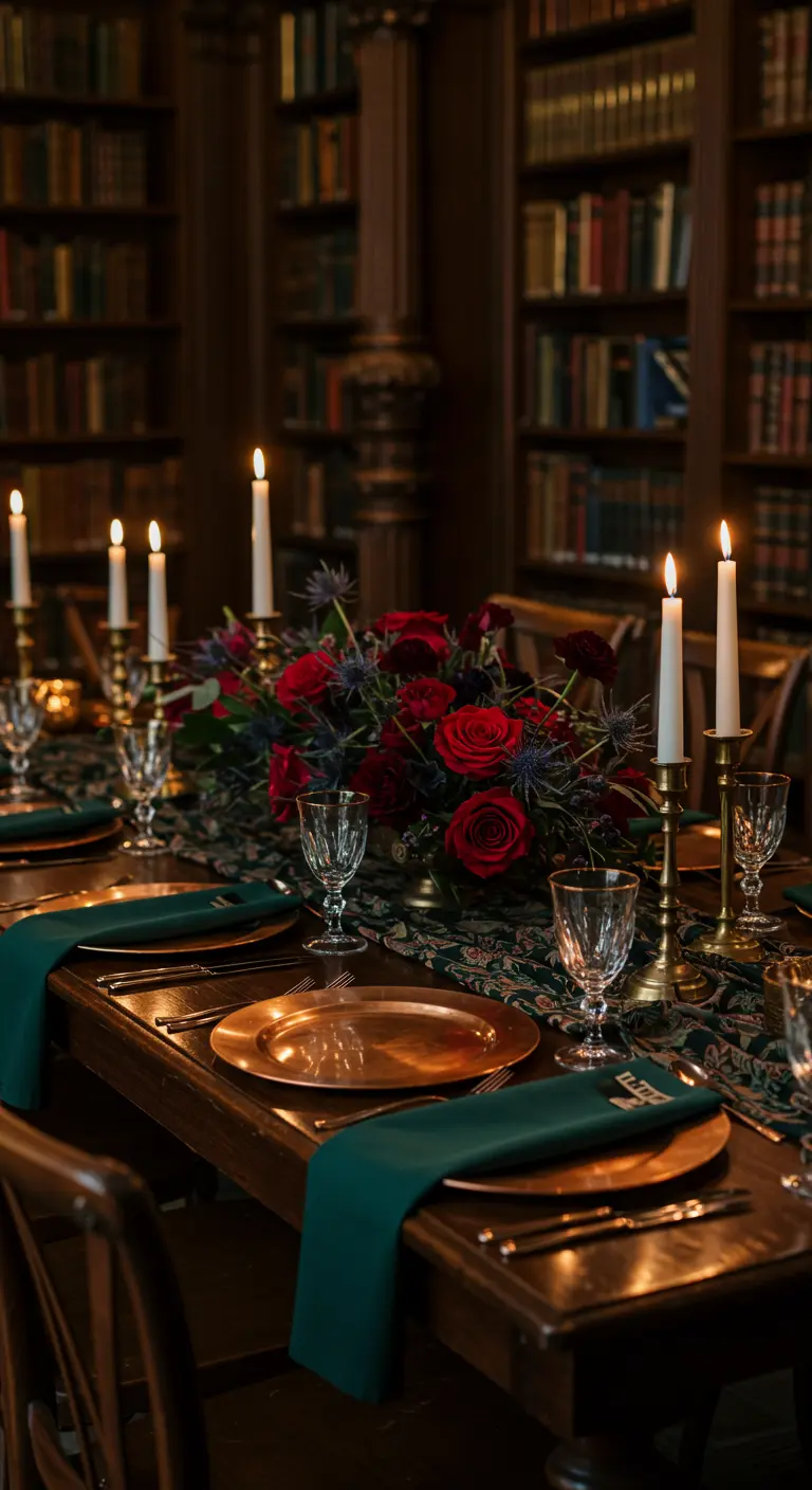 Moody library table with deep red roses, teal napkins, and copper chargers.