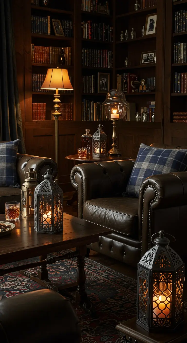 A cozy, dark library with leather armchairs and Moroccan lanterns providing warm light.