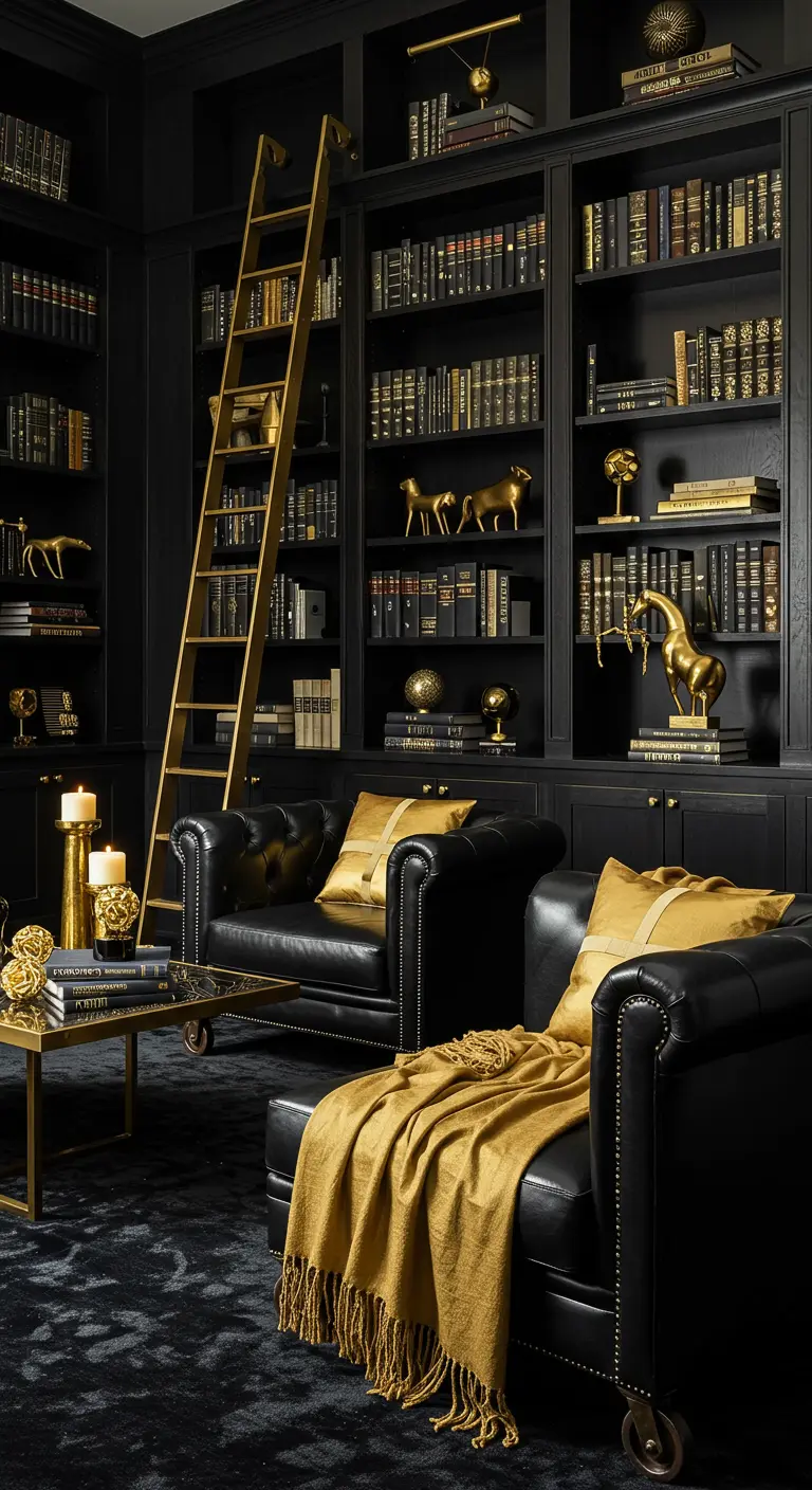 A dark, moody library with black bookshelves, leather armchairs, and a gold ladder.