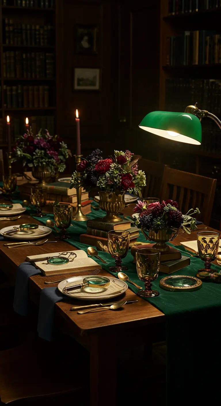 Scholarly-themed table with green banker's lamps, books, and magnifying glasses.