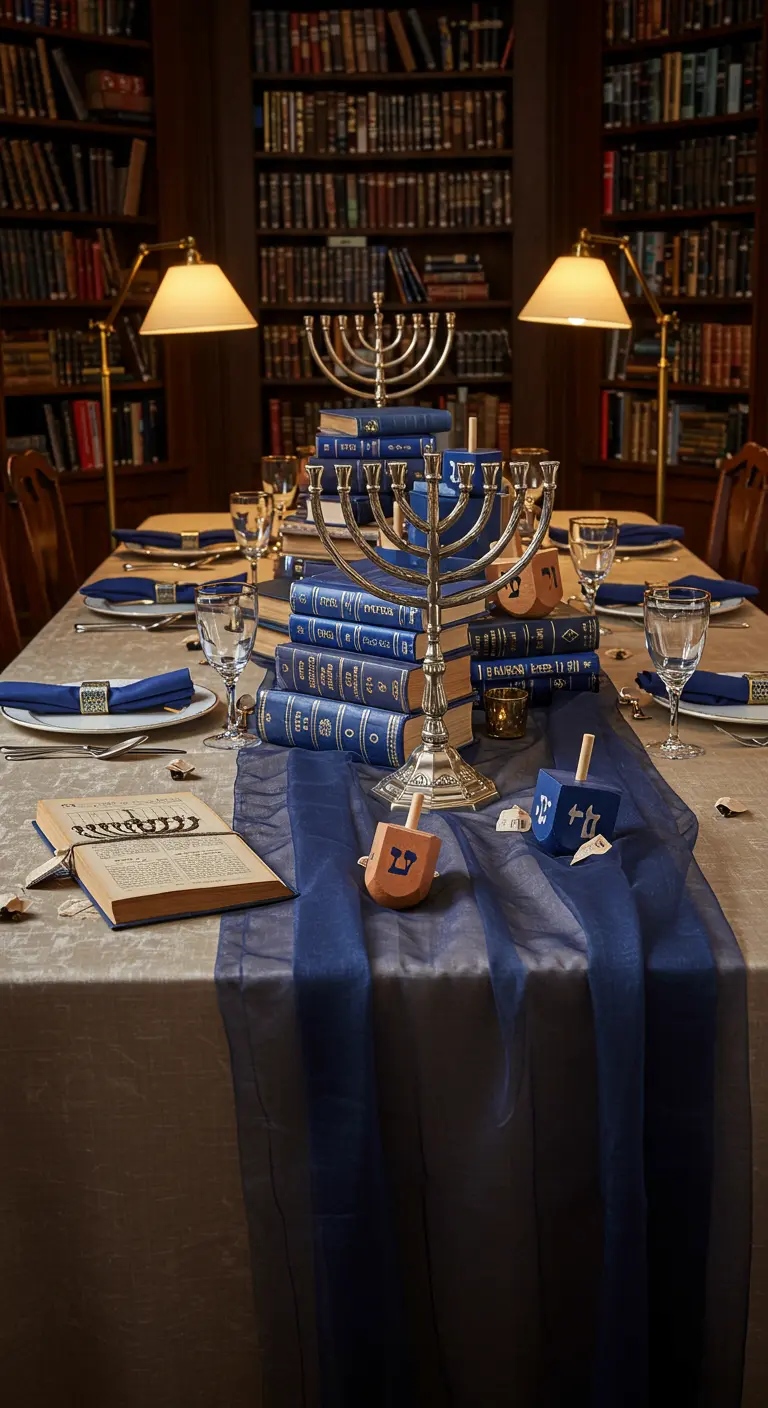 A Hanukkah tablescape with menorahs placed on stacks of blue vintage books.