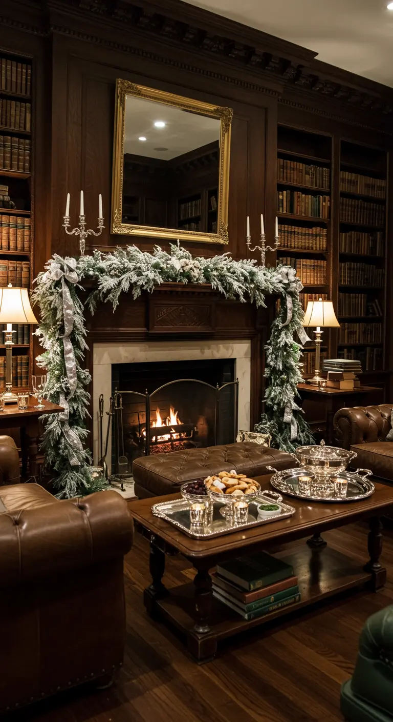 A classic library with a fireplace decorated with a flocked garland and silver ribbon.