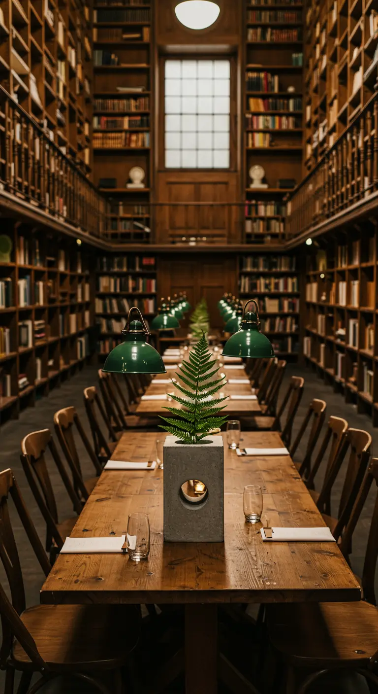 A single fern frond in a square concrete vase with a hole in it, on a table in a library.