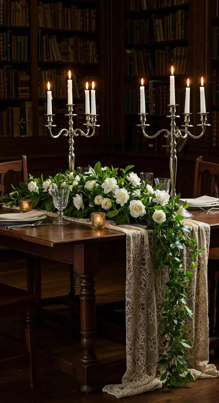 A dark wood table in a library set with white roses, candelabras, and a lace runner.