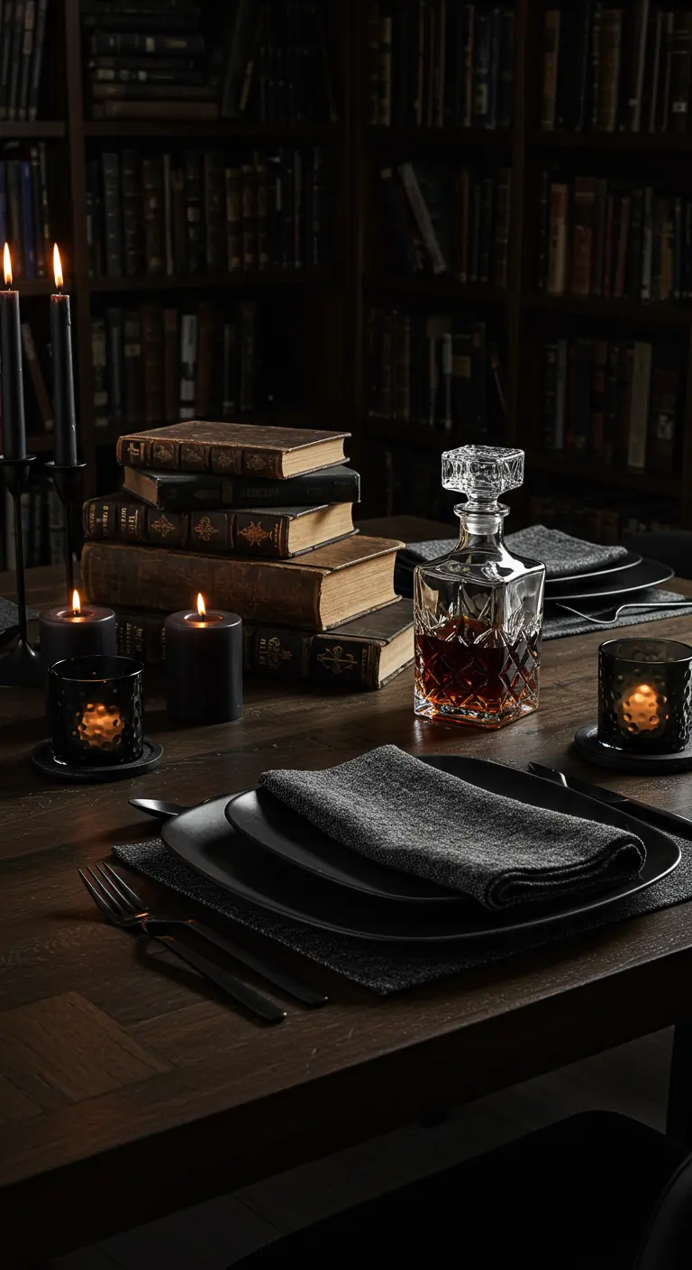 A dark academia tablescape with stacked vintage books, a decanter, and black candles.