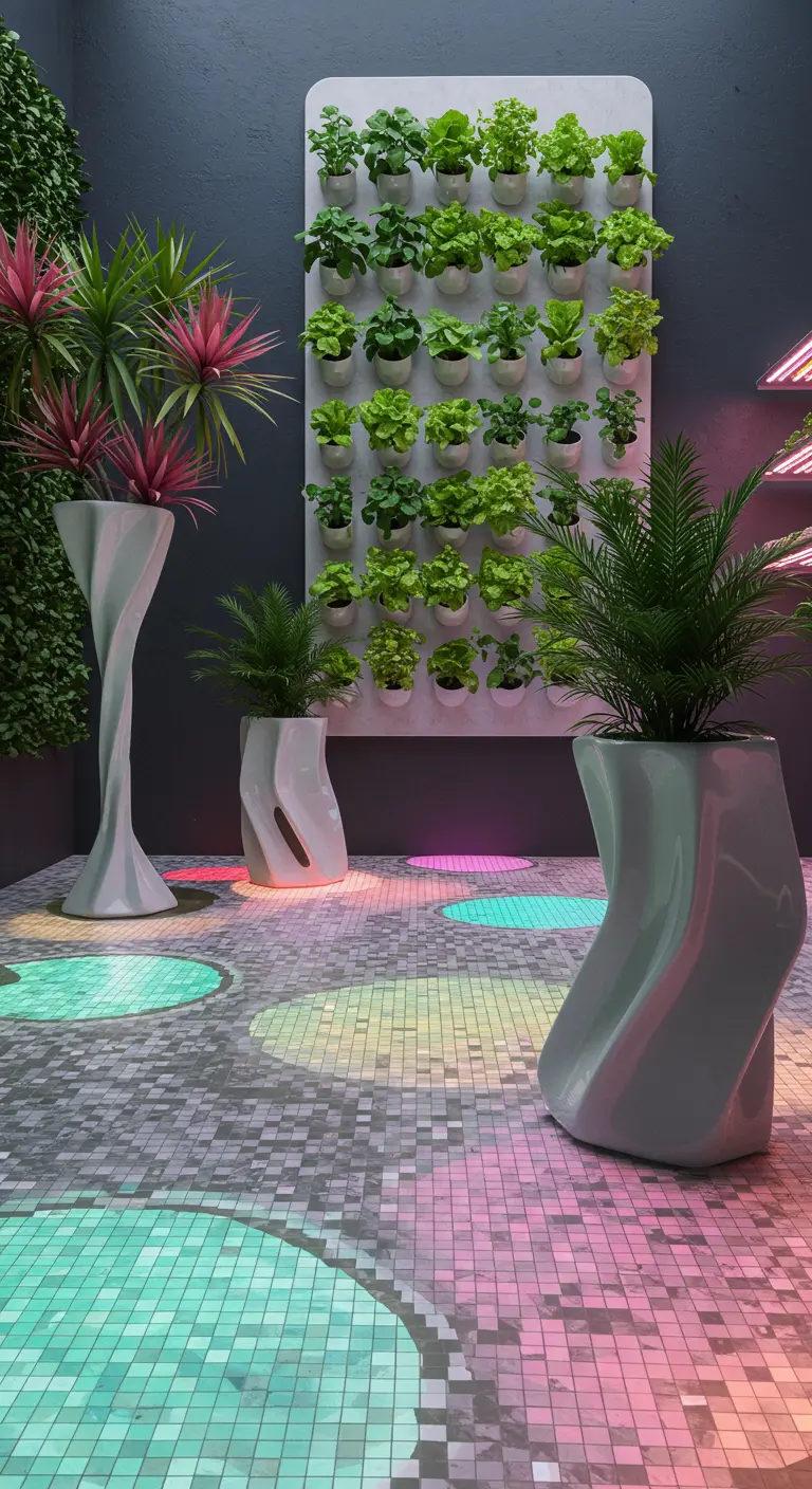 Modern patio with glowing mosaic tiles, sculptural white planters, and a vertical herb garden.