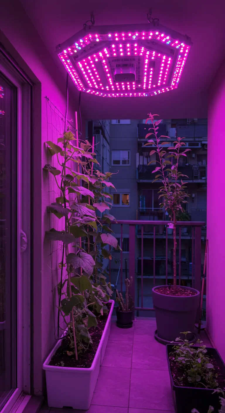 A balcony vegetable garden at night, illuminated by a large purple LED grow light.