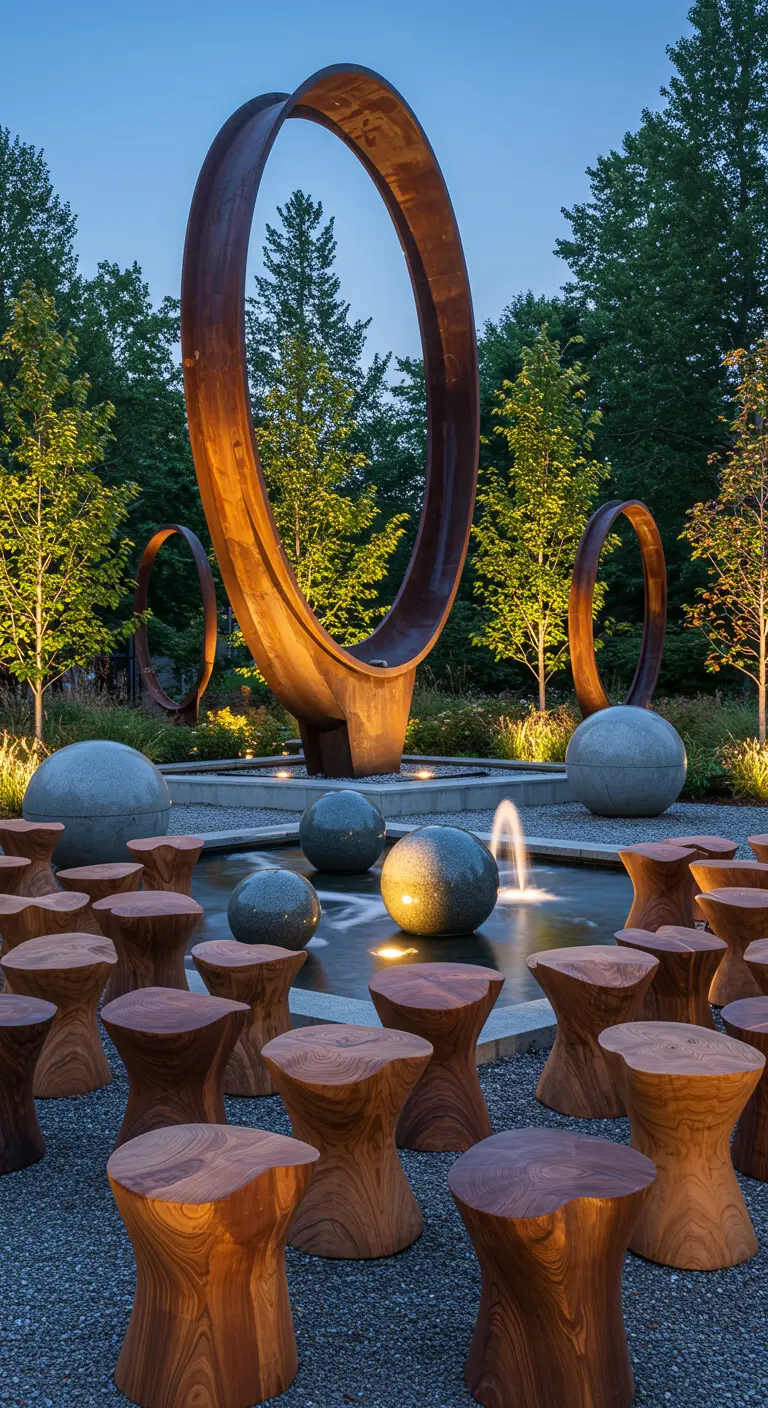 Curvaceous wooden stools arranged around a pond with large, modern rusted metal sculptures and fountains.