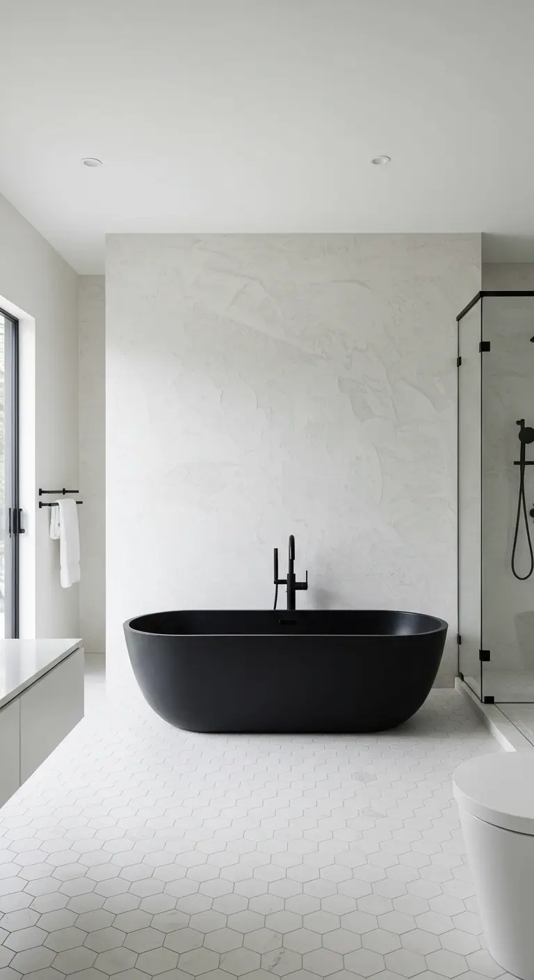 Minimalist bathroom with a freestanding matte black tub and white hexagonal floor tiles.