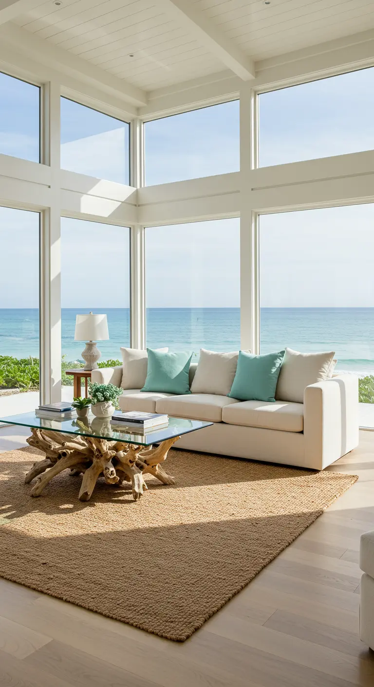 Sunlit living room with an ocean view, featuring a driftwood root coffee table with a glass top.