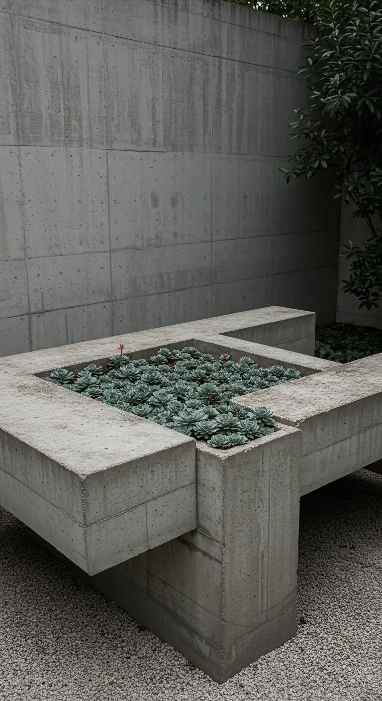 A complex, geometric concrete bench shaped like a cross, with its center filled with echeveria succulents.