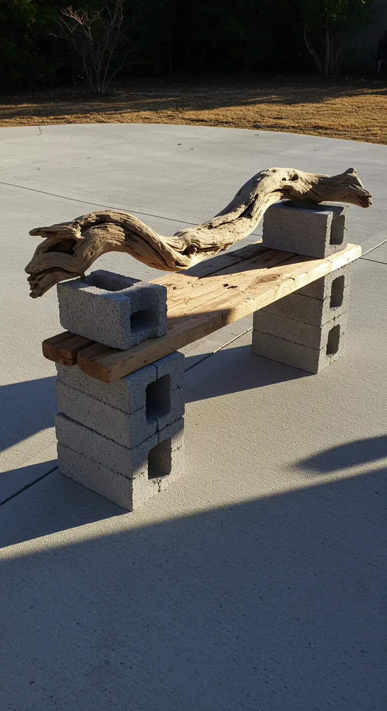 A simple cinder block and plank bench featuring a large, sculptural driftwood backrest.