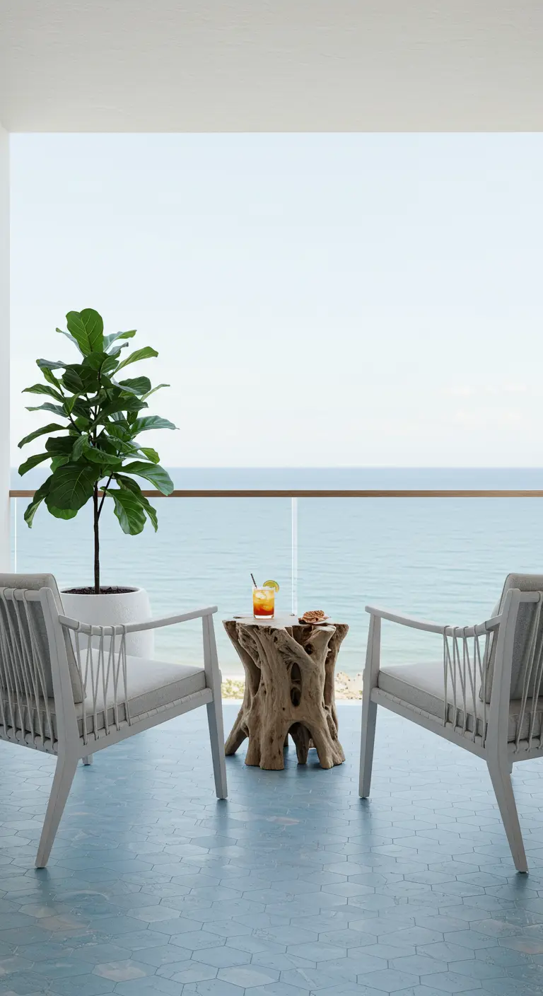 Two white rope chairs facing the ocean with a gnarled driftwood table between them and a fiddle-leaf fig.