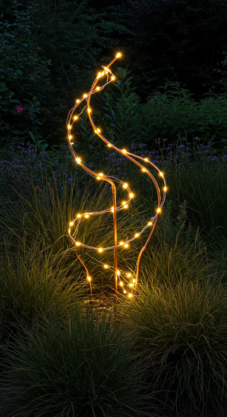 A spiral-shaped copper sculpture wrapped in fairy lights, glowing in a garden bed.