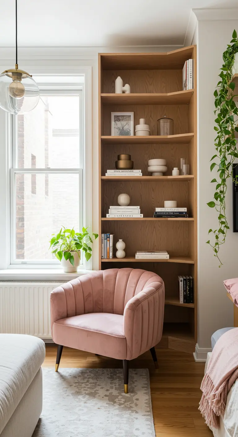 Pink velvet armchair next to a custom-built curved wooden bookcase in a bright corner.