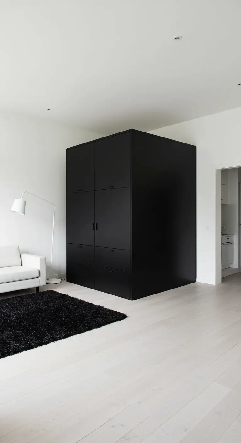 A large, freestanding black cube storage unit in a minimalist white room.
