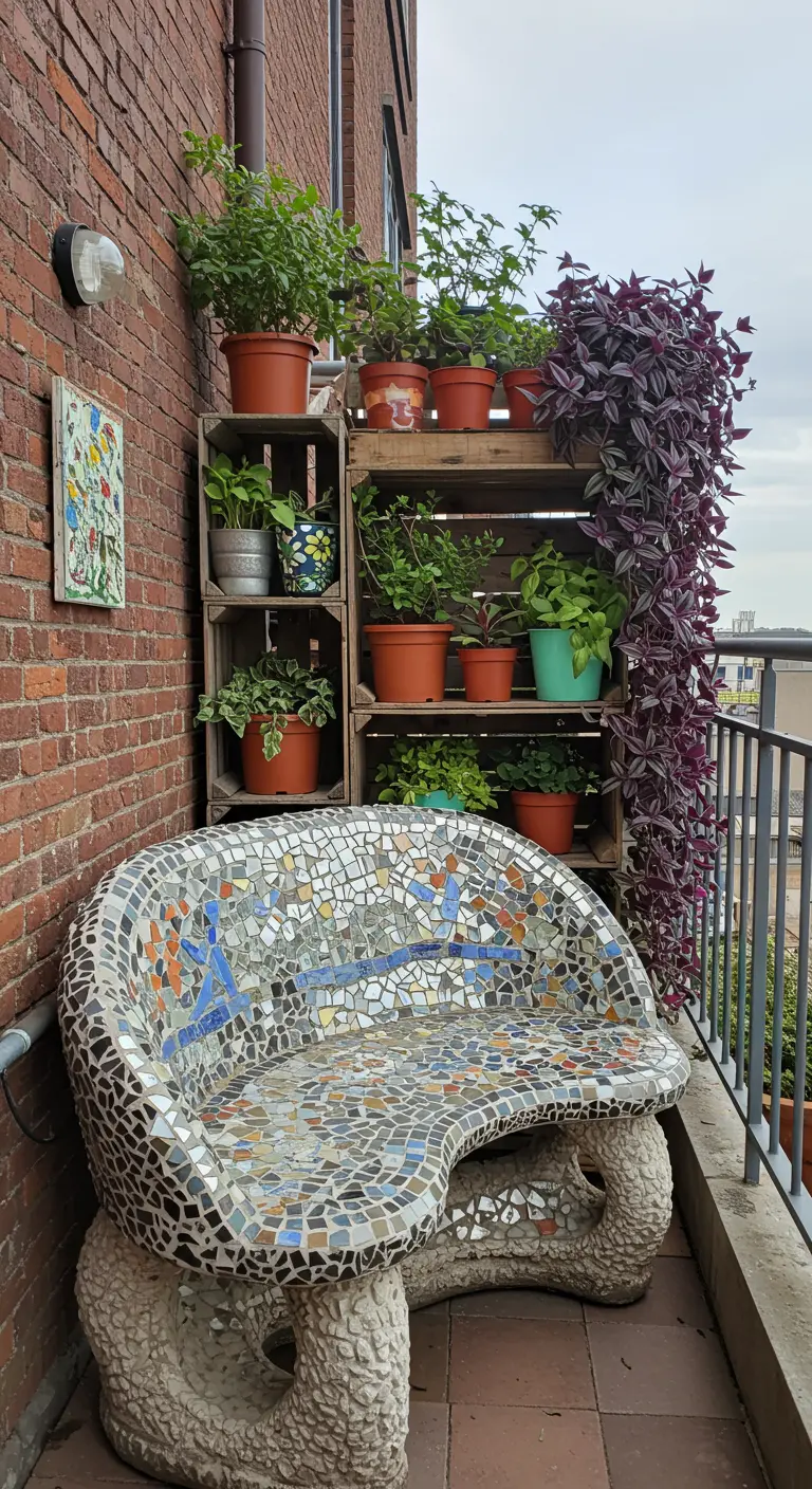 An organically shaped, sculptural mosaic bench on a brick balcony.