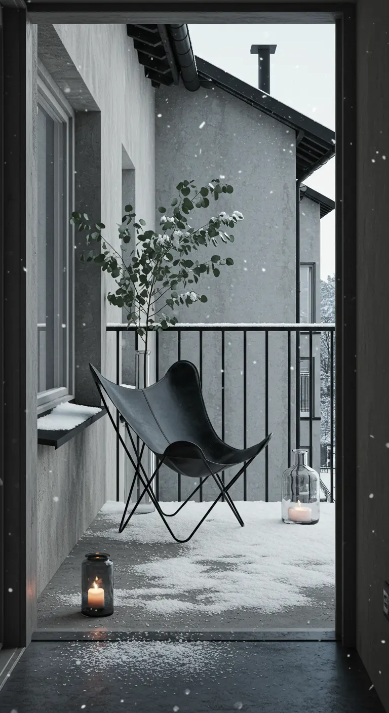 A single black leather butterfly chair on a minimalist snowy balcony with a candle lantern.