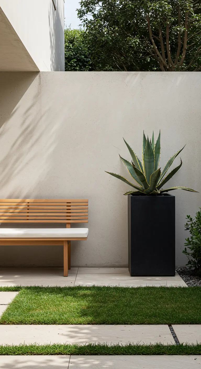 A slatted light wood bench next to a large agave plant in a tall black planter.