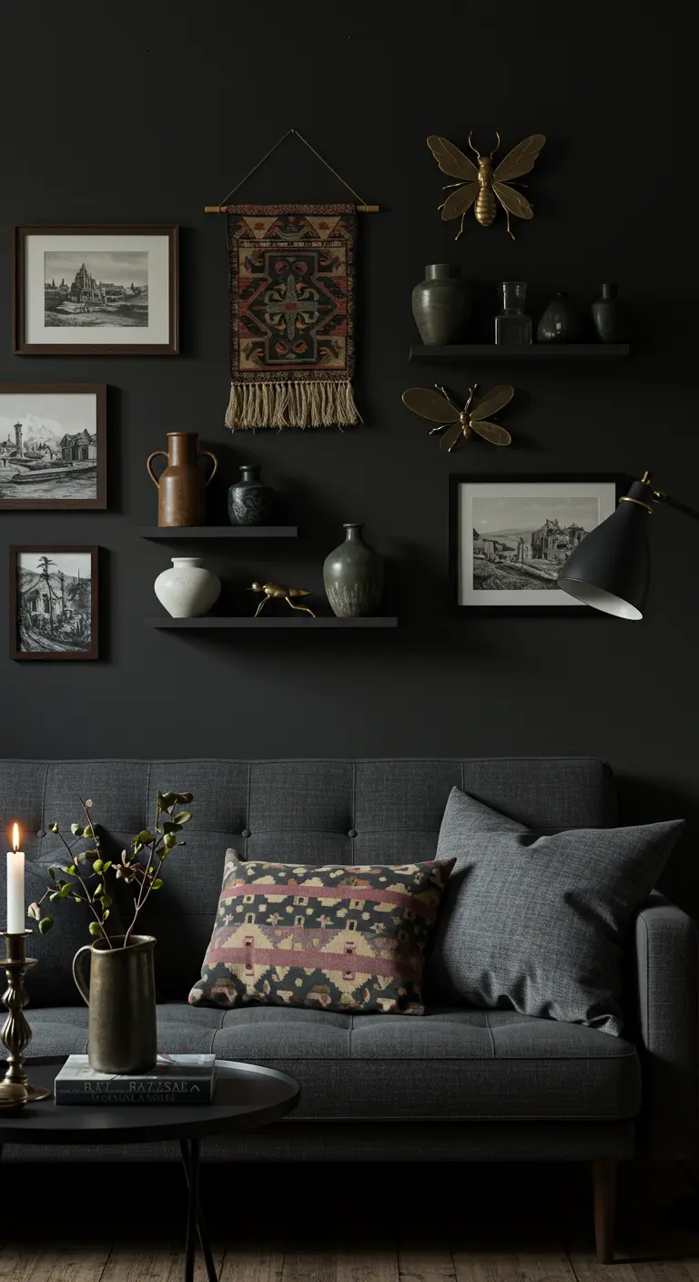 A gallery wall on a dark gray wall mixing framed art, shelves, and sculptural objects.
