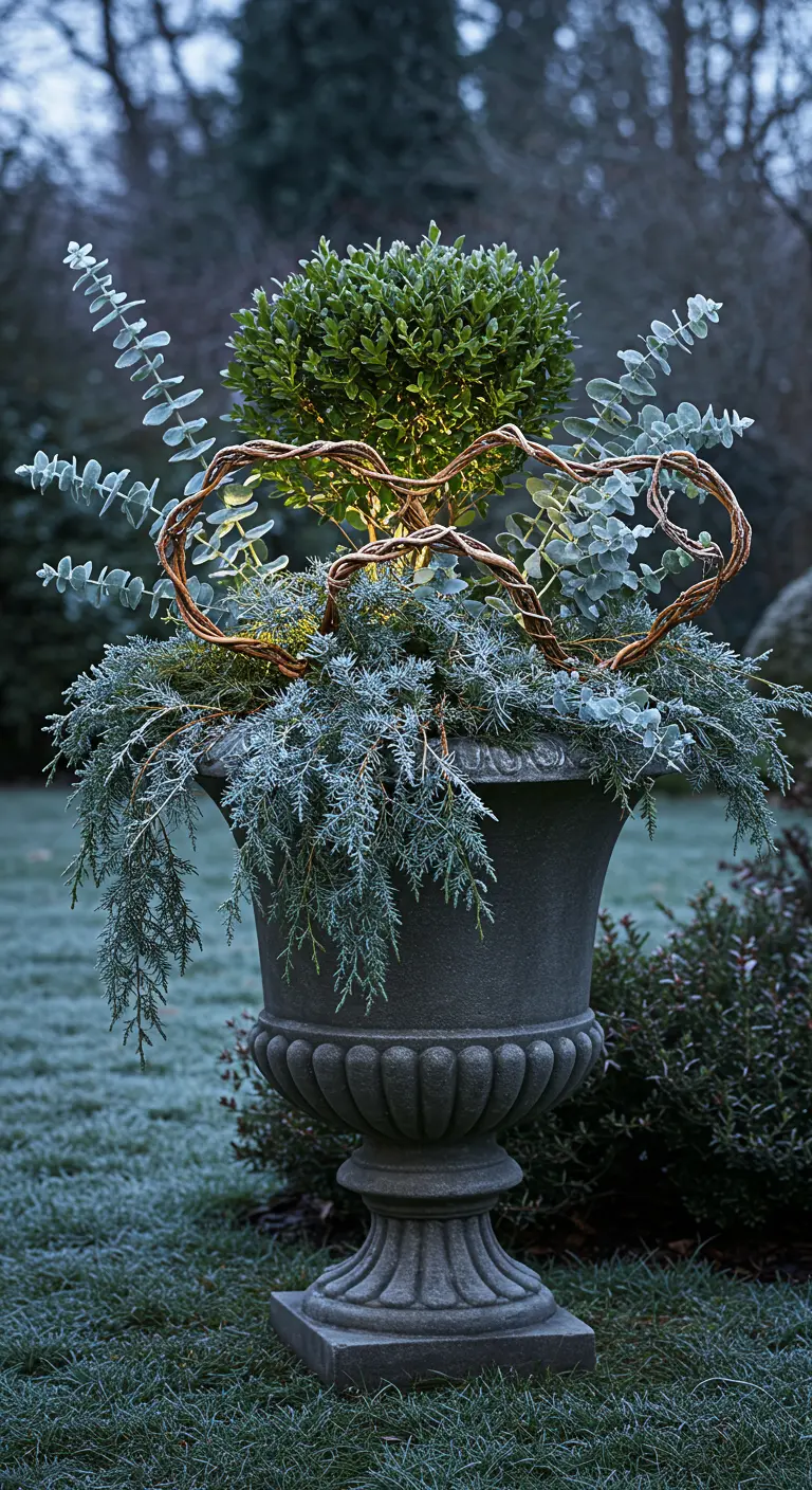 A gray stone urn with a boxwood globe, juniper, and a woven grapevine accent.