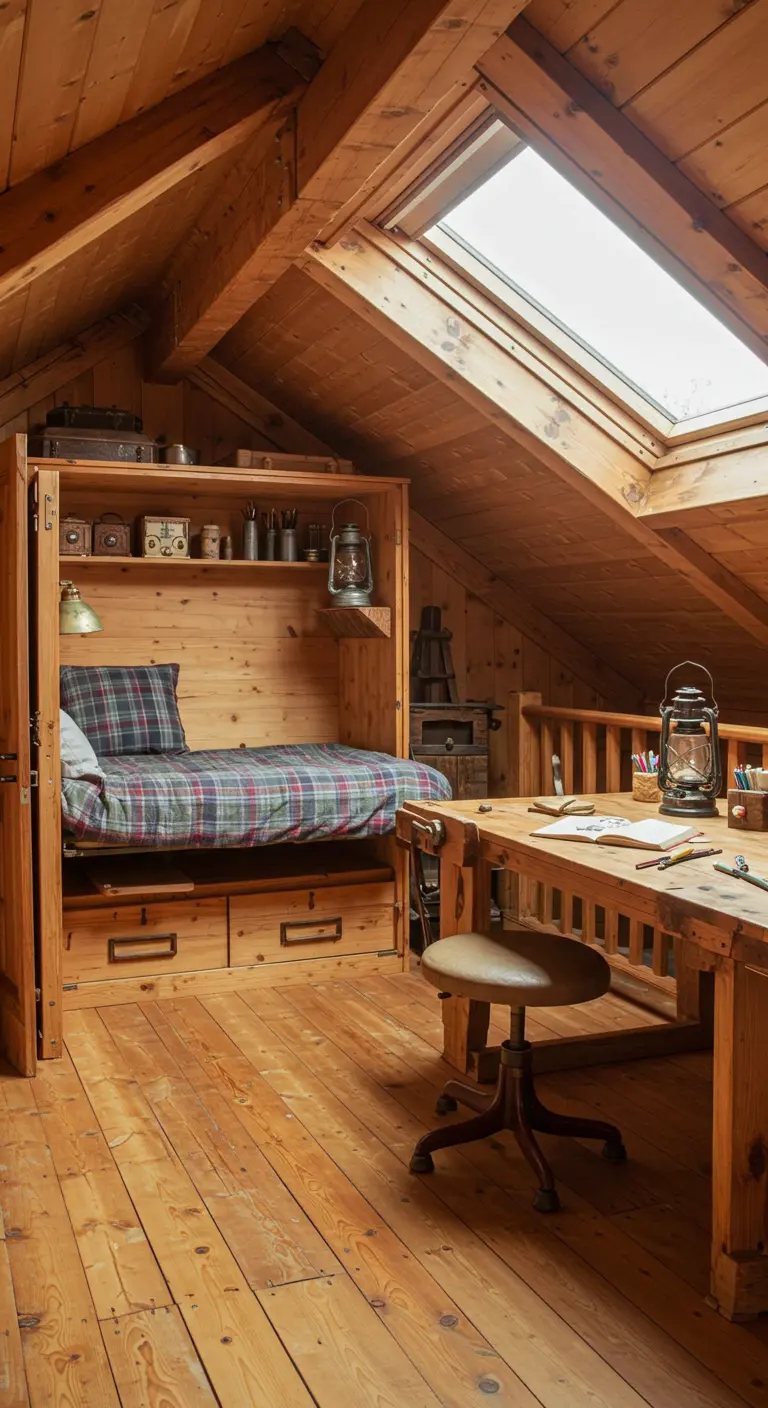 A wooden Murphy bed in an attic room, matching the surrounding wood walls and ceiling.